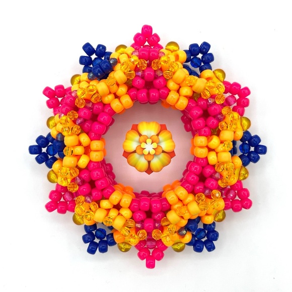 🏵️ “Diwali Rosette, Mandala, Marigold” 🏵️ Custom 3D UFO PLUR Rave Kandi Cuff - Picture 1 of 7